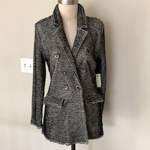Chico’s Black and white double breasted fringed sweater jacket